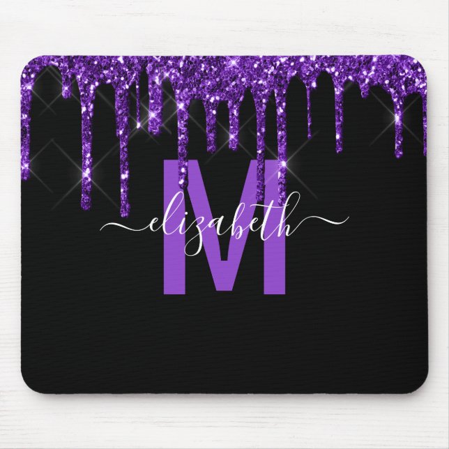 Mousepad Nome do Monograma do Glitter de Disposição Roxo do (Frente)