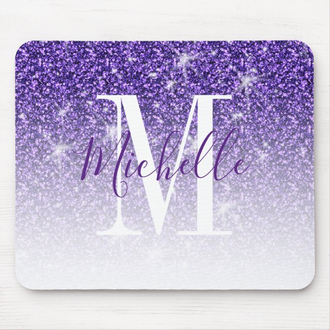 Mousepad Nome do Monograma do Glitter Sparkle Roxo (Frente)