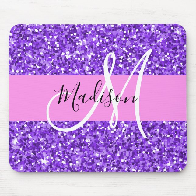 Mousepad Nome do Monograma do Minigráfico Glitter Purple e  (Frente)