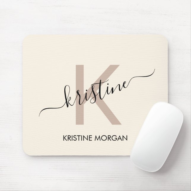 Mousepad Nome do monograma do script bege creme moderno (Com mouse)