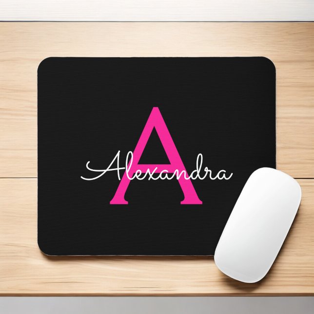 Mousepad Nome do Monograma Girly Black Script Hot-Pink (Criador carregado)