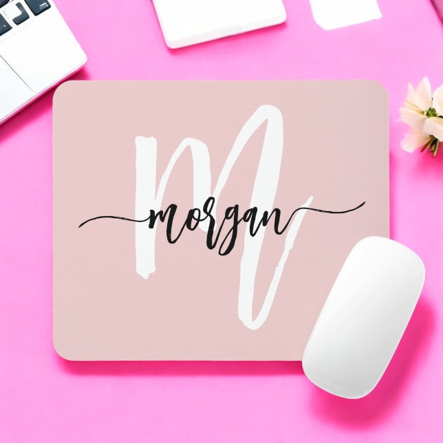 Mousepad Nome do Monograma Girly de Script Moderno Rosa (Criador carregado)