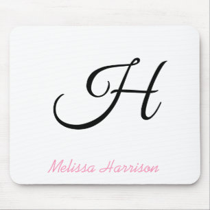 Mousepad Nome do Monograma Inicial Preto do Script Rosa Mod