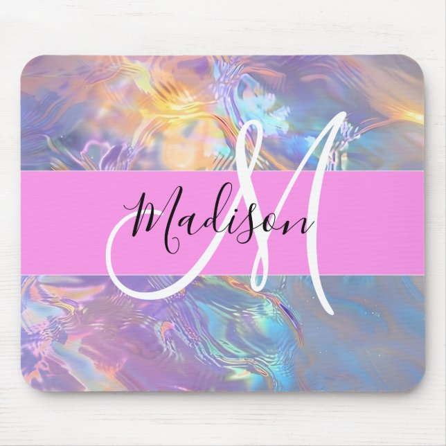 Mousepad Nome do Monograma Iridescente Holográfico Rosa Gir (Frente)