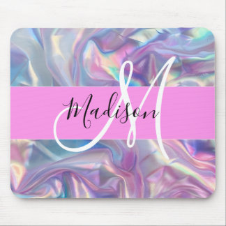Mousepad Nome do Monograma Iridescente Holográfico Rosa Gir