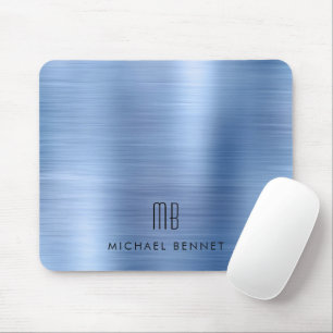 Mousepad Nome do Monograma Metálico Azul Elegante