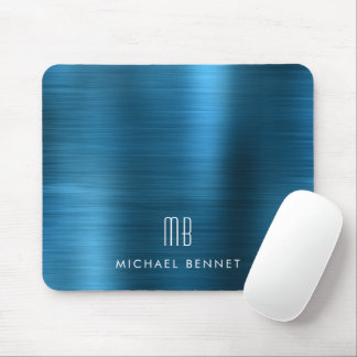 Mousepad Nome do Monograma Metálico Azul Elegante