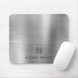 Mousepad Nome do Monograma Metálico da Cinza Silver Elegant