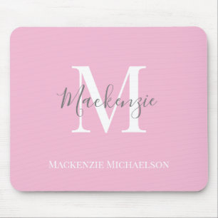 Mousepad Nome do Monograma Personalizado Pink de Cinza Eleg