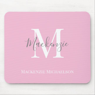 Mousepad Nome do Monograma Personalizado Pink de Cinza Eleg