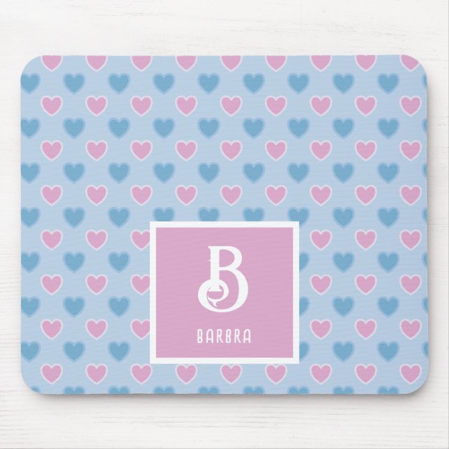 Mousepad Nome do Monograma Pink & Blue Heart Pad do Mouse (Frente)