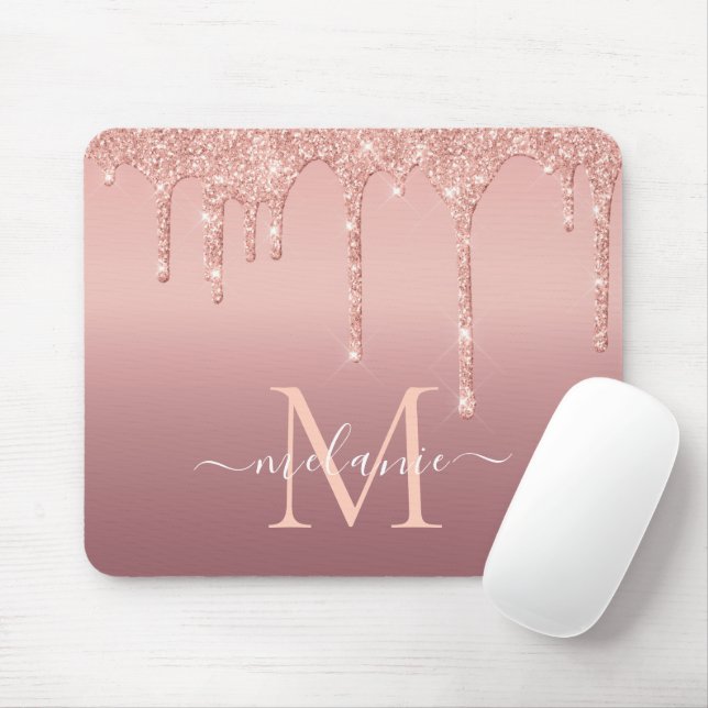 Mousepad Nome do Monograma Rosa de Texto Blush Glitter Spar (Com mouse)