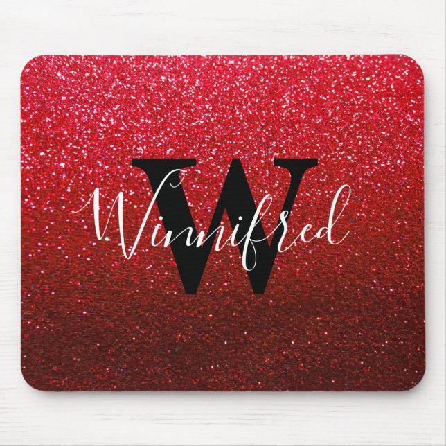 Mousepad Nome do Monograma Ruby Red Ombre Glitter Sparkles (Frente)
