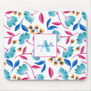 Mousepad Nome do Padrão Floral Pintado com Azul Monograma