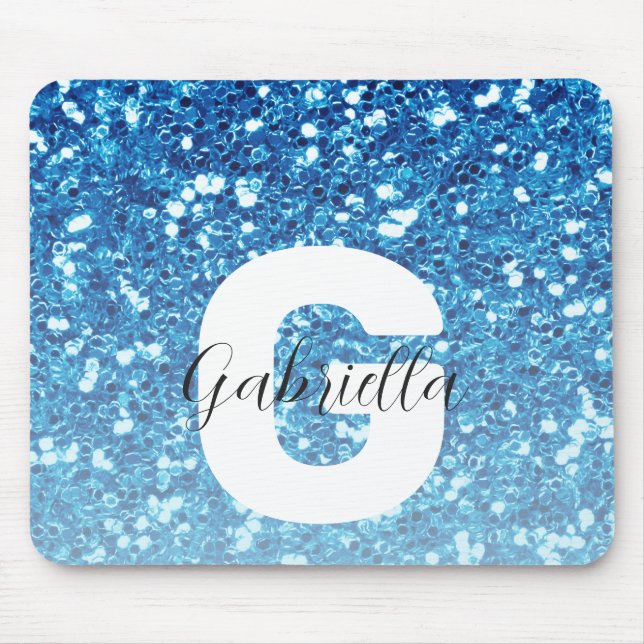 Mousepad Nome do Script do Monograma do Girly Blue Glitter  (Frente)