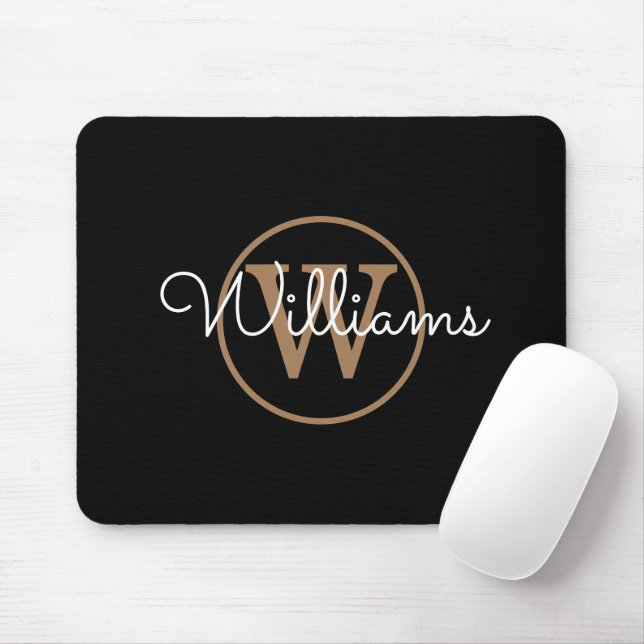 Mousepad Nome do Script do Monograma Dourado Preto (Com mouse)
