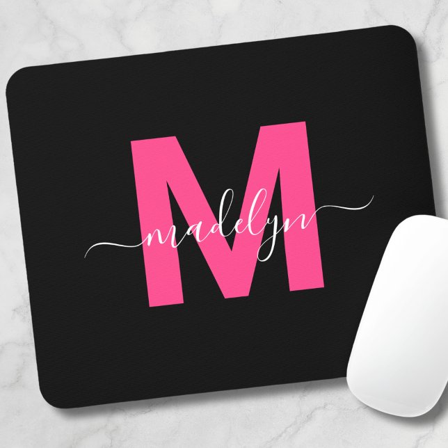 Mousepad Nome do Script do Monograma Rosa Preto (Black Pink Monogram Script Name Mouse Pad )
