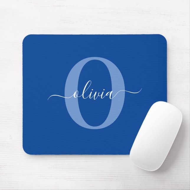 Mousepad Nome do Script Monograma Personalizado Branco Azul (Com mouse)