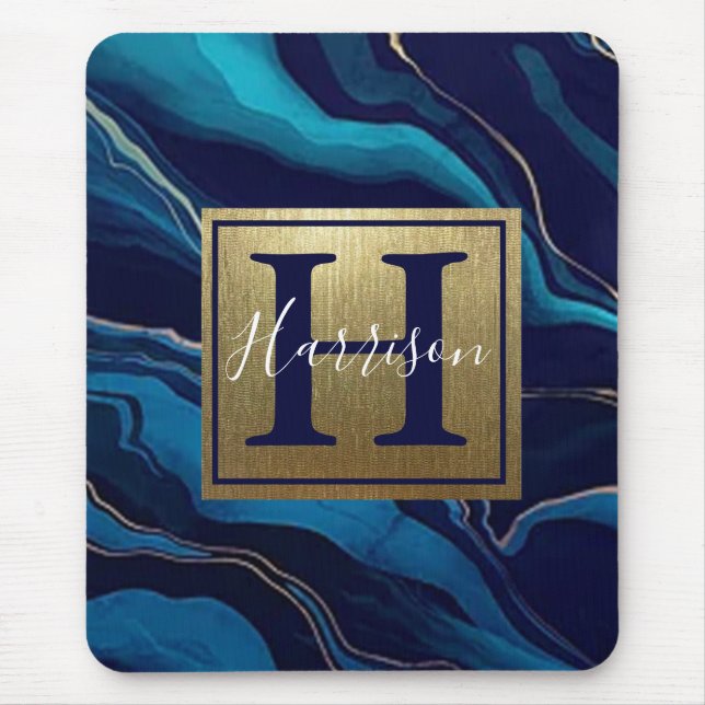 Mousepad Nome Dourado e Monograma do mármore azul-marinho (Frente)