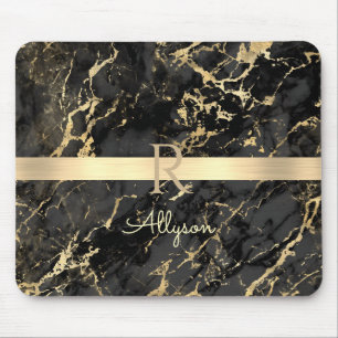 Mousepad Nome e monograma, Bar Dourado, mármore preto e Do