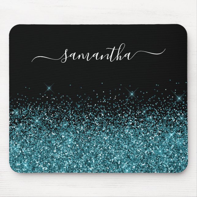 Mousepad Nome Elegante de Glitter de Teal Preto e Escuro (Frente)