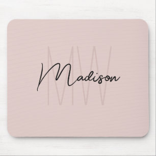 Mousepad Nome em Roteiro de Monograma Moderno Rosa Bege