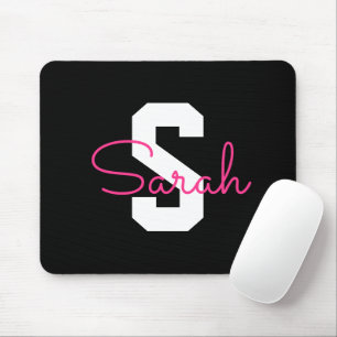 Mousepad Nome Fofo & Monograma Preto Branco & Rosa