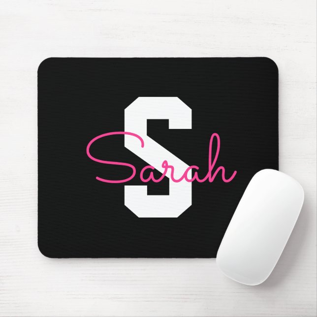 Mousepad Nome Fofo & Monograma | Preto Branco & Rosa (Com mouse)
