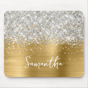 Mousepad Nome Glam Dourado Brilho Prateado