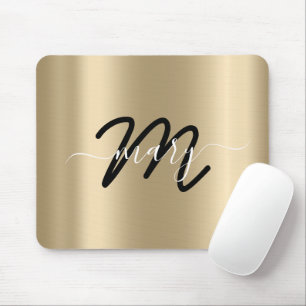 Mousepad Nome Mínimo Monograma Dourado Champanhe Preto