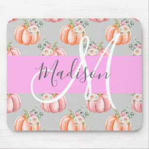 Mousepad Nome Monograma Abóbora Rosa Cinza Floral Feminino