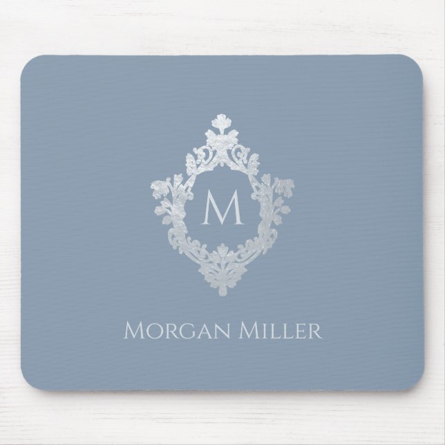 Mousepad Nome Monograma Azul Empoeirado Suntuoso Brasão Ant (Frente)