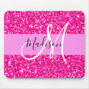 Mousepad Nome Monograma Brilho Rosa Quente Garota Glam