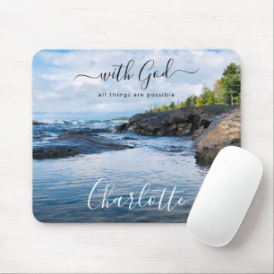 Mousepad Nome Monograma Citação Cristã Foto Praia