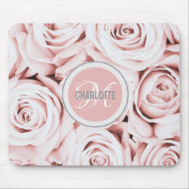 Mousepad Nome monograma das flores rosadas, rosadas, rapari