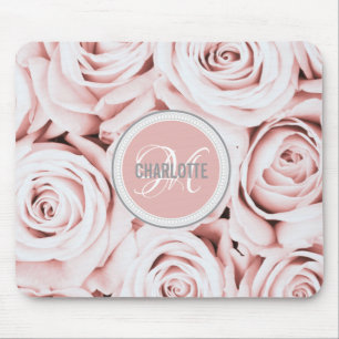 Mousepad Nome monograma de flores rosadas, brilhantes