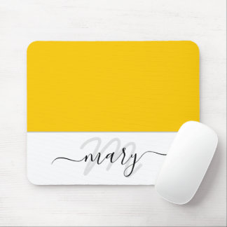 Mousepad Nome Monograma Mínimo Amarelo Limão Branco Moderno