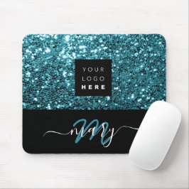 Mousepad Nome Monograma Mínimo Blue Glitter Logo