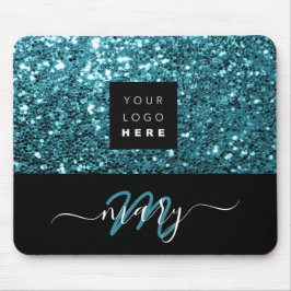 Mousepad Nome Monograma Mínimo Blue Glitter Logo