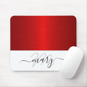 Mousepad Nome Monograma Mínimo Vermelho Branco Moderno