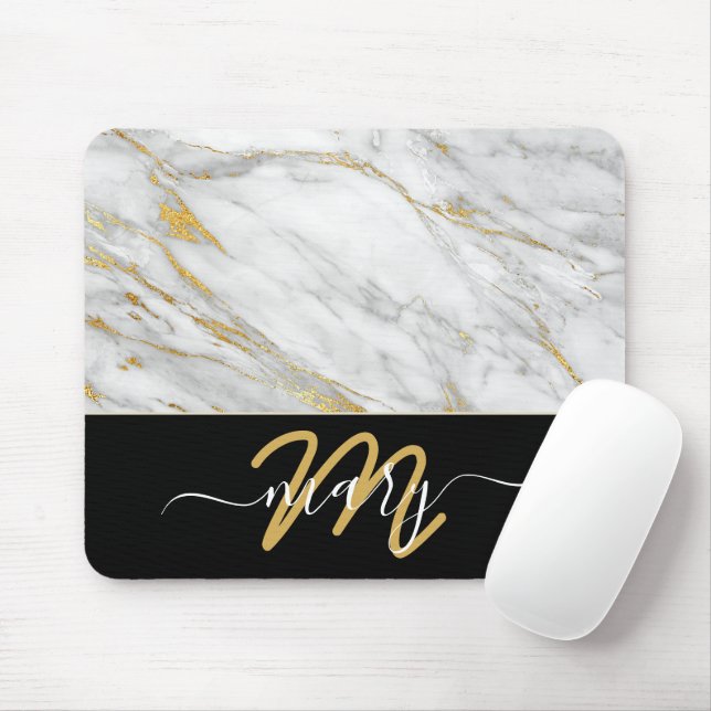 Mousepad Nome Monograma Ouro Marble Traça para trás Branco (Com mouse)