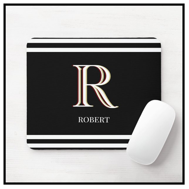 Mousepad Nome Monograma Personalizado Preto Branco Moderno  (Criador carregado)