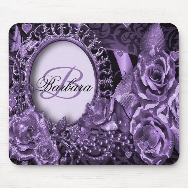 Mousepad Nome Monograma Presente Purple Floral Elegante Mod (Frente)