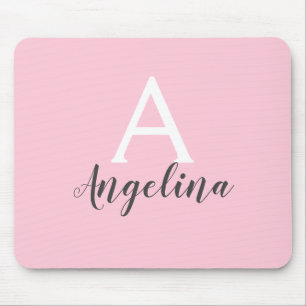 Mousepad Nome Monograma Rosa Bege Feminino Cinza e Branco