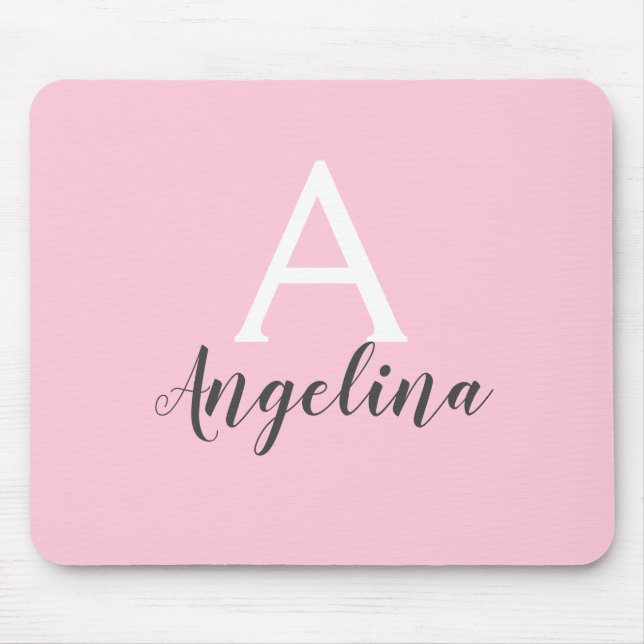 Mousepad Nome Monograma Rosa Bege Feminino Cinza e Branco (Frente)