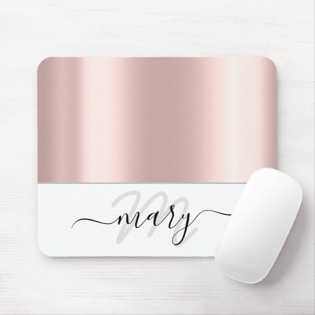 Mousepad Nome Monograma Rosa mínimo Blush White Modern (Com mouse)