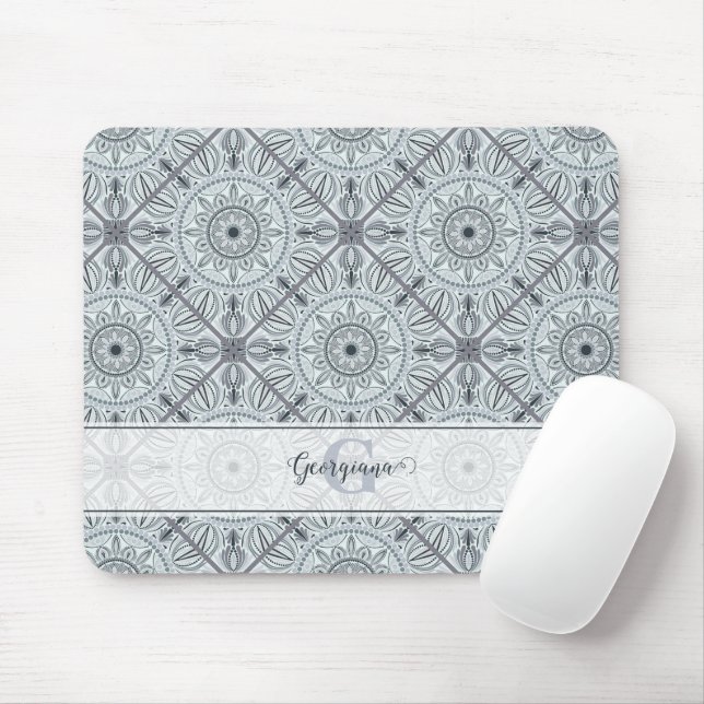 Mousepad Nome Personalizado Art Deco Floral Harmonia Cinza  (Com mouse)