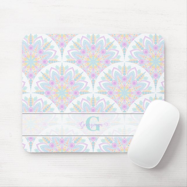 Mousepad Nome Personalizado Art Deco Pastel Rainbow Floral  (Com mouse)