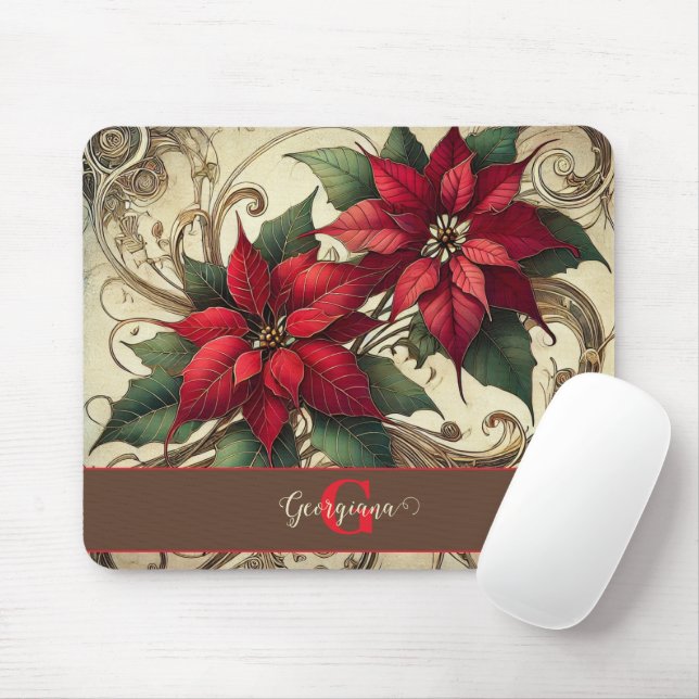 Mousepad Nome Personalizado Art Nouveau Poinsettia de Natal (Com mouse)