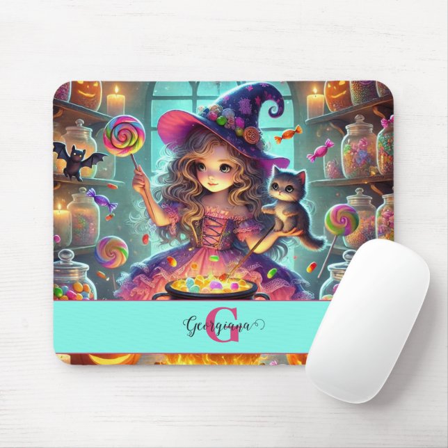 Mousepad Nome Personalizado - Cute Whimsical Witch Hallowee (Com mouse)